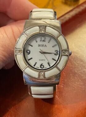 Women's 33mm Silver Tone Bora Watch, White Enamel Accented Bezel and Band